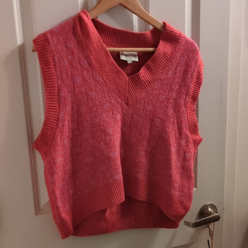 Checkered Cozy V-Neck Sweater Vest in Coral